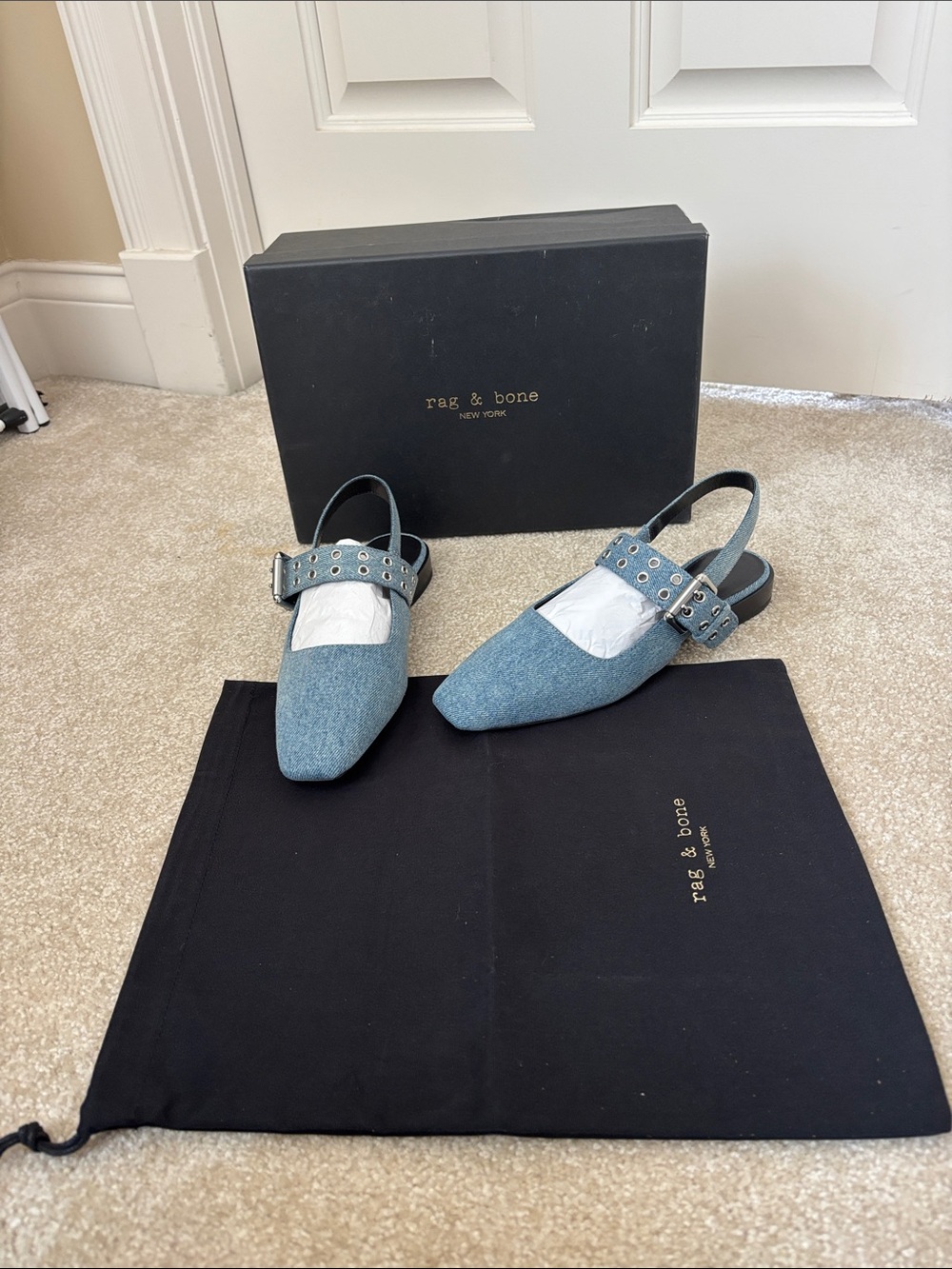 rag & bone Denim Pointed Slingback Flats with Studded Strap. With shoe bag - Picture 1 of 3